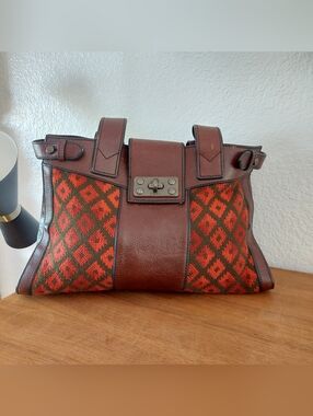 Fossil Brown Leather & Red Patterned Tote